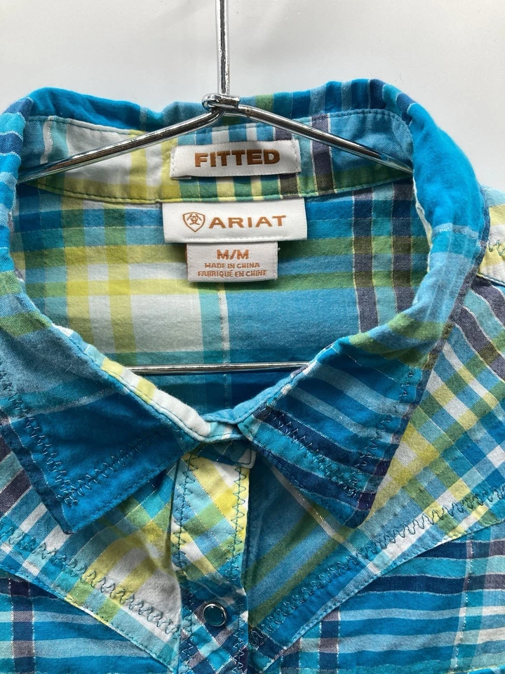 Camisa ajustada Ariat para mujer mediana PearlSnap plateada azul a cuadros manga larga lengüeta enrollable Foto 2 de 4