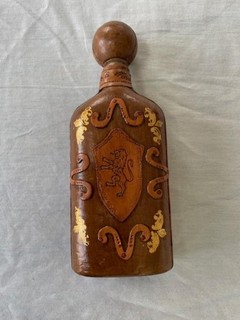 E & R Golden Crown Bottle Decanter Brown Gold Leather Covered Glass Italy