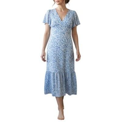 Altard State Midi Dress Womens S Blue Floral Flutter Sleeve Cutout Cottagecore