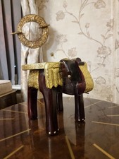 Hand-Carved Wooden Elephant Side Table – Gold Embossed Indian Decor Stool .