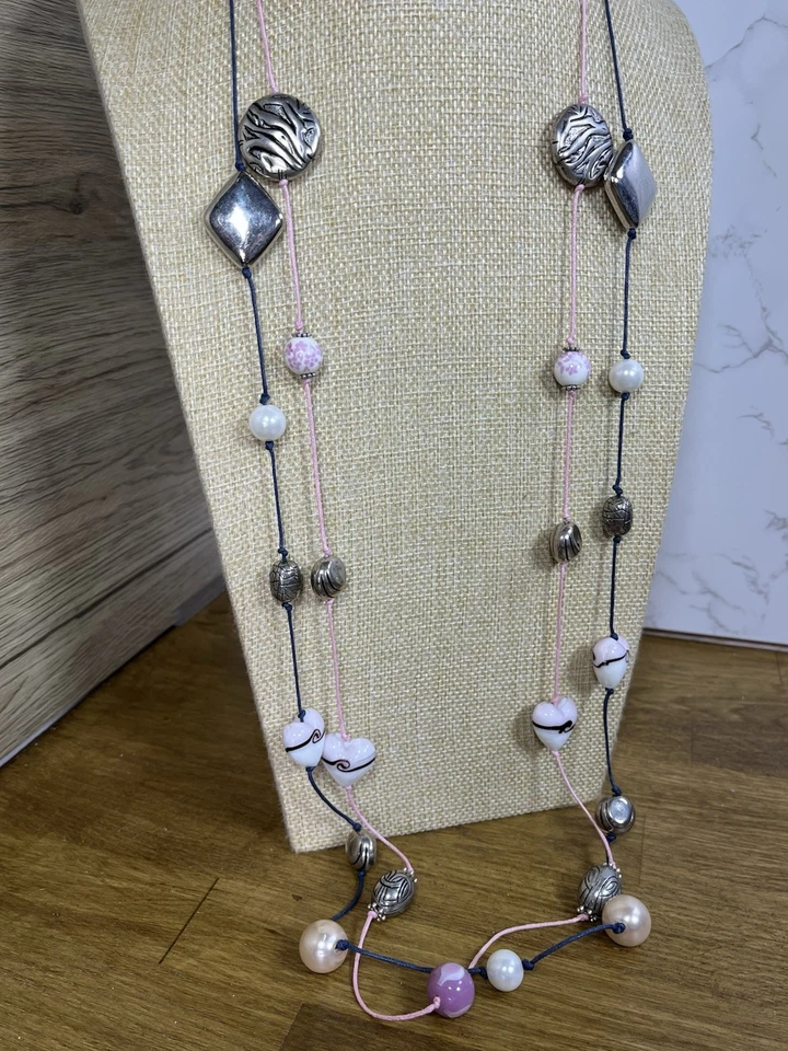 2 Bead Necklaces Long Pink & Blue Glass Heart & Mixed Station Layering 202 - Image 4 of 4