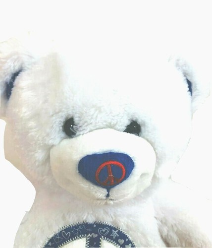 Build A Bear Teddy Bear White 16" Peace Sign Plush Stuffed Animal Toy Red Blue - Picture 4 of 9