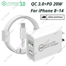 Fast Wall Charger PD 20W QC Type C Adapter Cable For iPhone 14/13/12/11 X XR 8