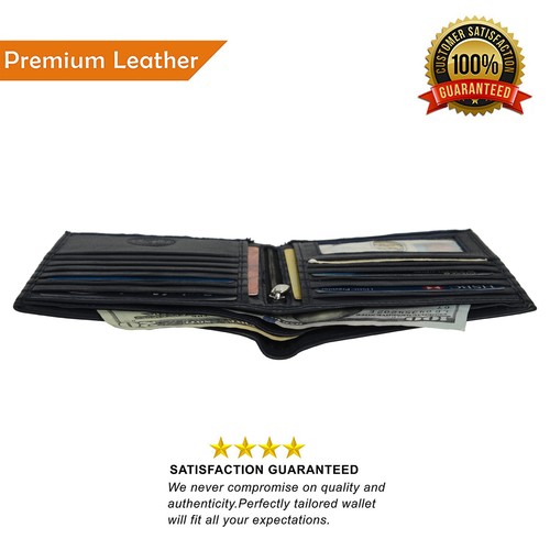 Leatherboss® Portafoglio Uomo in Vera Pelle Hipster Scudo RFID Bifold, Nero - Foto 6 di 7