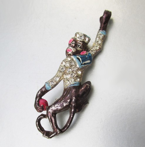 Climbing Monkey Rhinestone Brooch Pin Vintage 1930s Rare Bauman Massa