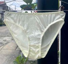 Vintage Pale Yellow Nylon Panty Floral Lace Bikini Slippery Sissy Briefs SZ.7-8