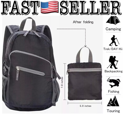 Lightweight 8oz Hiking Foldable Backpack Fold UP Back Pack Water Resistant Black