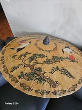 Antique Hand Made-Japan Bamboo Parasol-Umbrella Hand Painted Crane Bonsai Tree