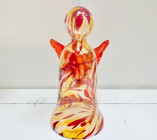 Glass Angel Christmas Gaurdian Angels Wings Figurine 10" Large Red and Yellow