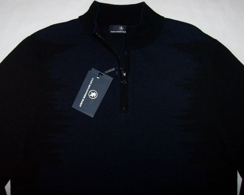 NWT Hart Schaffner Marx Black/Blue FLAME STITCH Half-Zip MERINO WOOL Sweater M - Image 2 of 4