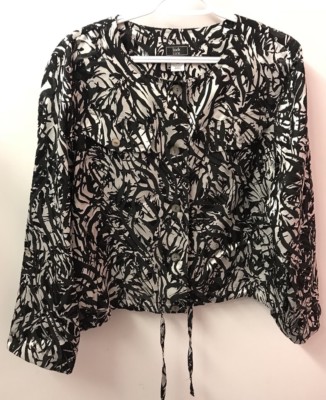 Lark Lane Women Black White Burnout Print Semi Sheer Button Blouse 3/4 Sleeve 14
