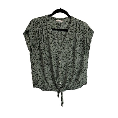 Mi Ami Cheetah Animal Print Green Tie Waist Button Up Top Blouse Womens Size S