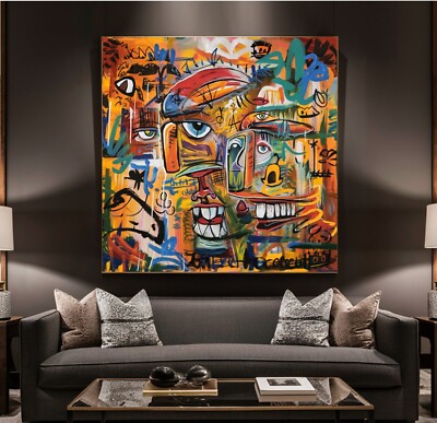 LEINWAND BILD BIS 140x140x5 ABSTRAKTE KUNST Basquiat Stil BUNTES GRAFFITI MODERN