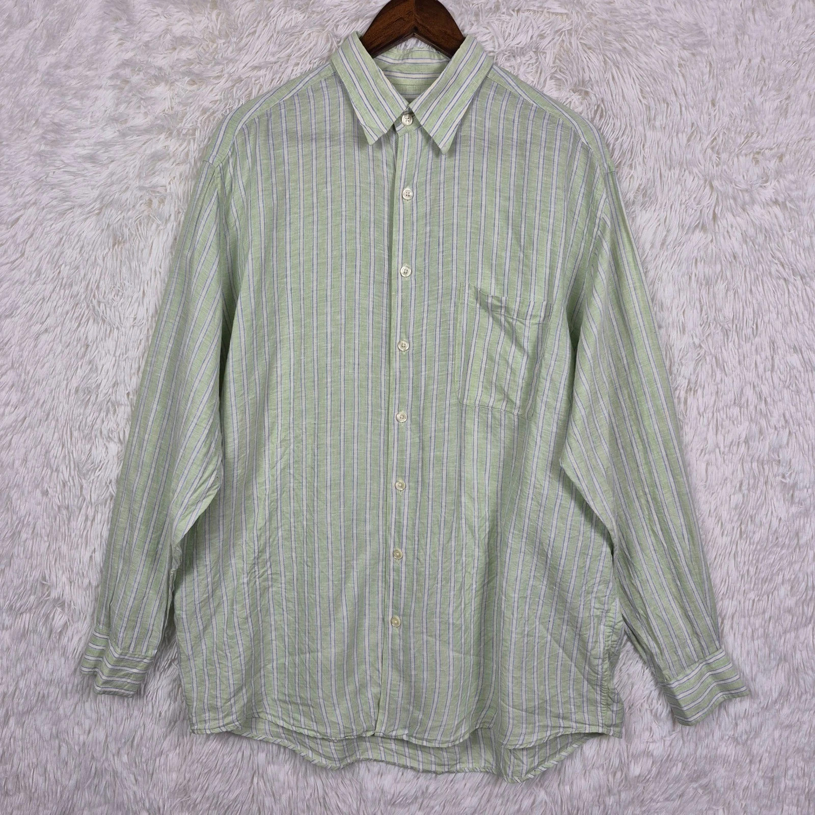 MINE Mens L 100% Linen Striped Long Sleeve Button Up Shirt Pistachio Green