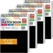 Sketch Book 9x12 4 Pack 400 Sheets Spiral Bound 100GSM Acid Free Drawing Pad 