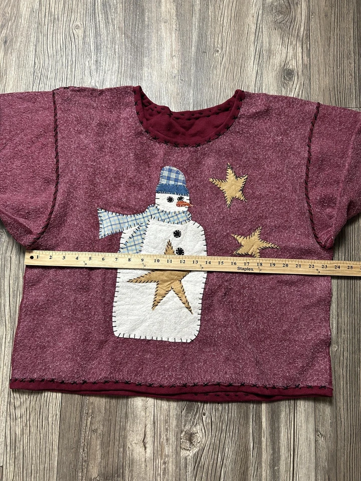 Suéter Muñeco de Nieve Vintage Mujer Grande Borgoña Invierno Estrellas Hecho a Mano Pullover Años 90 Foto 4 de 4