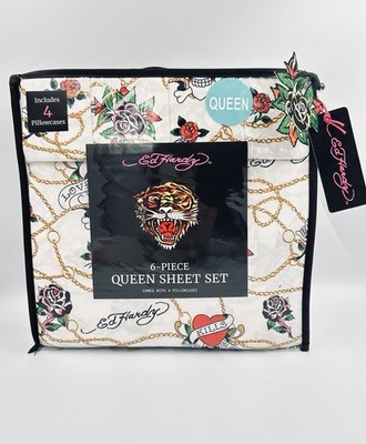 Ed Hardy White 6 pc Queen Sheet Set Skulls Roses Tattoo Print w/4 Pillowcases