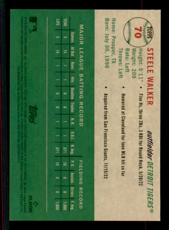 2023 Topps Chrome Platinum Anniversary Blue Refractors #70 Steele Walker /199 - Image 2 of 2