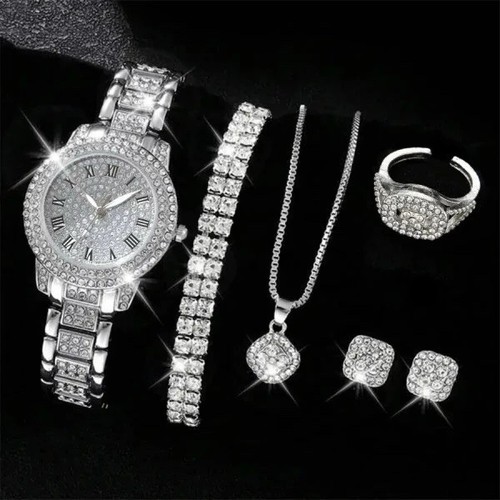 6PCS Women’s Luxury Watch Set – Elegant Crystal Wristwatch & Rhinestone Bracelet