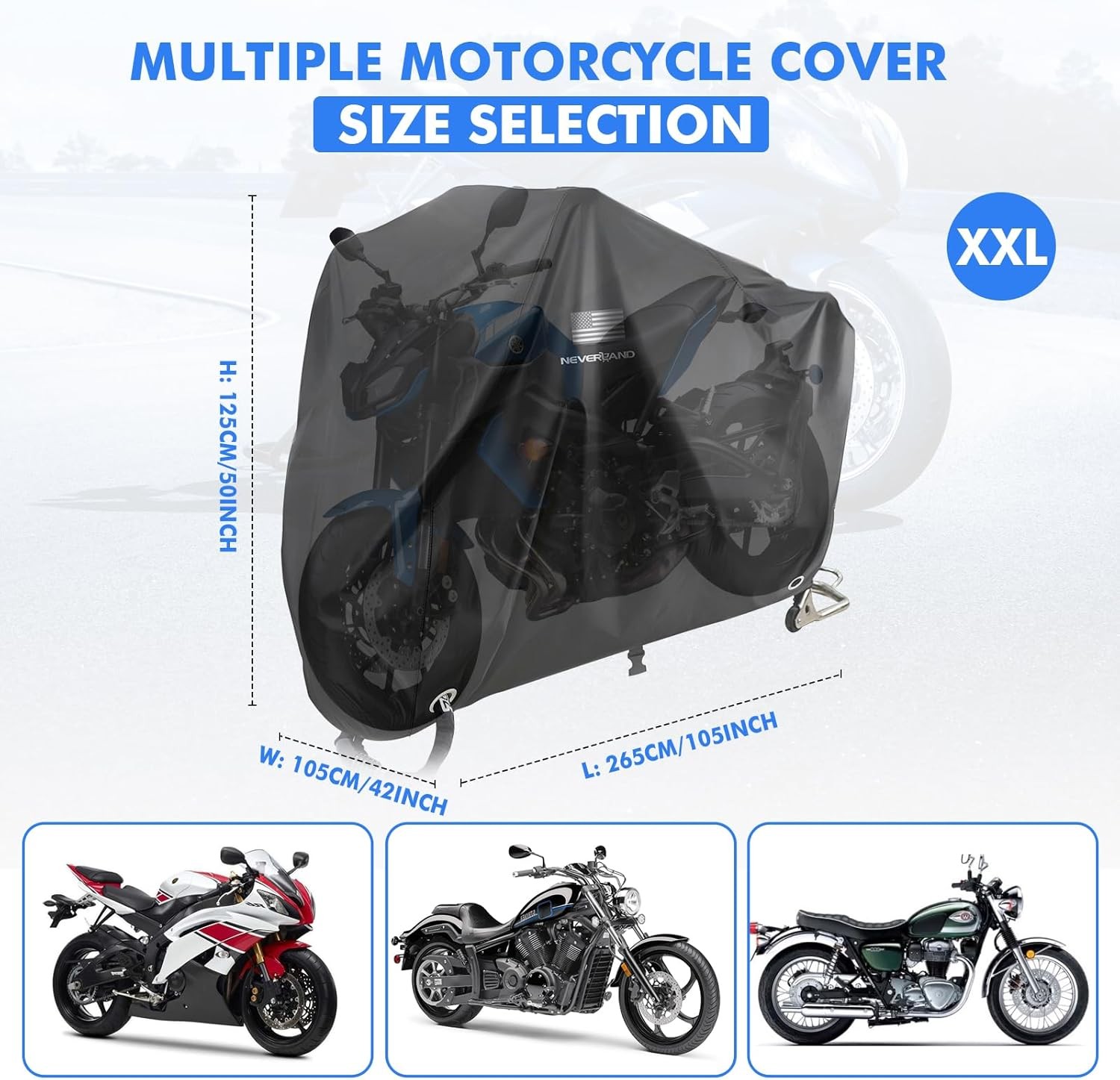 NEVERLAND Motorcycle Cover Waterproof Outdoor XXL ( 105*42*50 inches ), black 