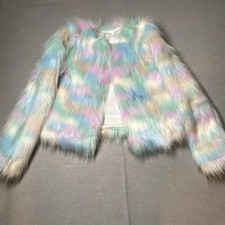 Superdown Pastel Rainbow Faux Fur Jacket XS Pink Blue Mint Shaggy Crop Coat