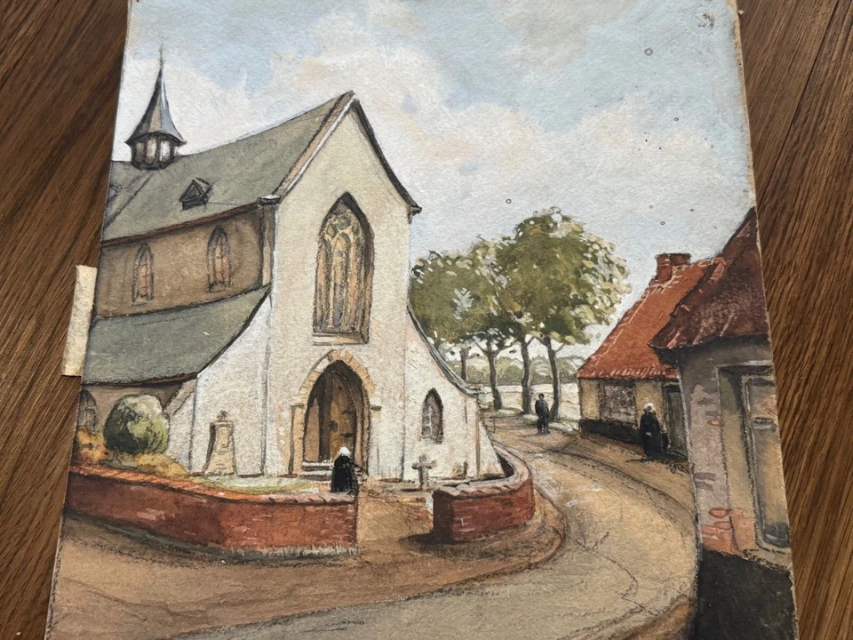 Винтажный антикварный бельгийский рисунок церкви мел/пастель с автографом Виктора Ван Мербека - Изображение 4 из 4