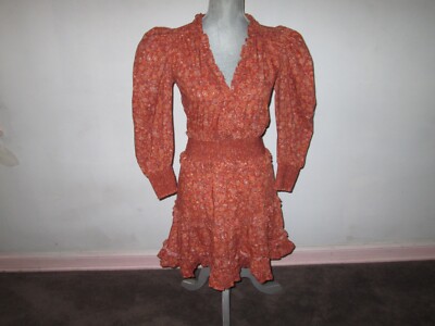 HOUSE OF HARLOW 1960 Wallis Rust Floral Mini Dress Smocked Ruffle Prairie ~ XS
