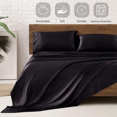Juego de 4 sábanas de satén Queen ropa de cama suave y sedosa con bolsillo profundo de 15 pulgadas - Imagen 7 de 66
