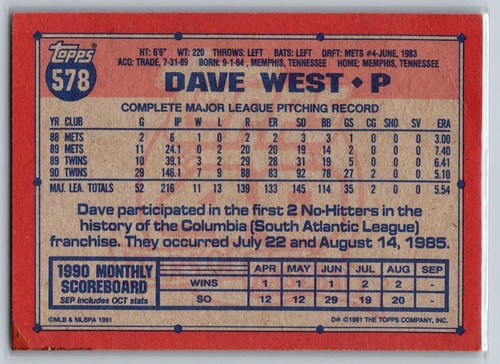 Tarjeta de béisbol 1991 Topps - #578 David West Minnesota Twins MLB - Imagen 2 de 2