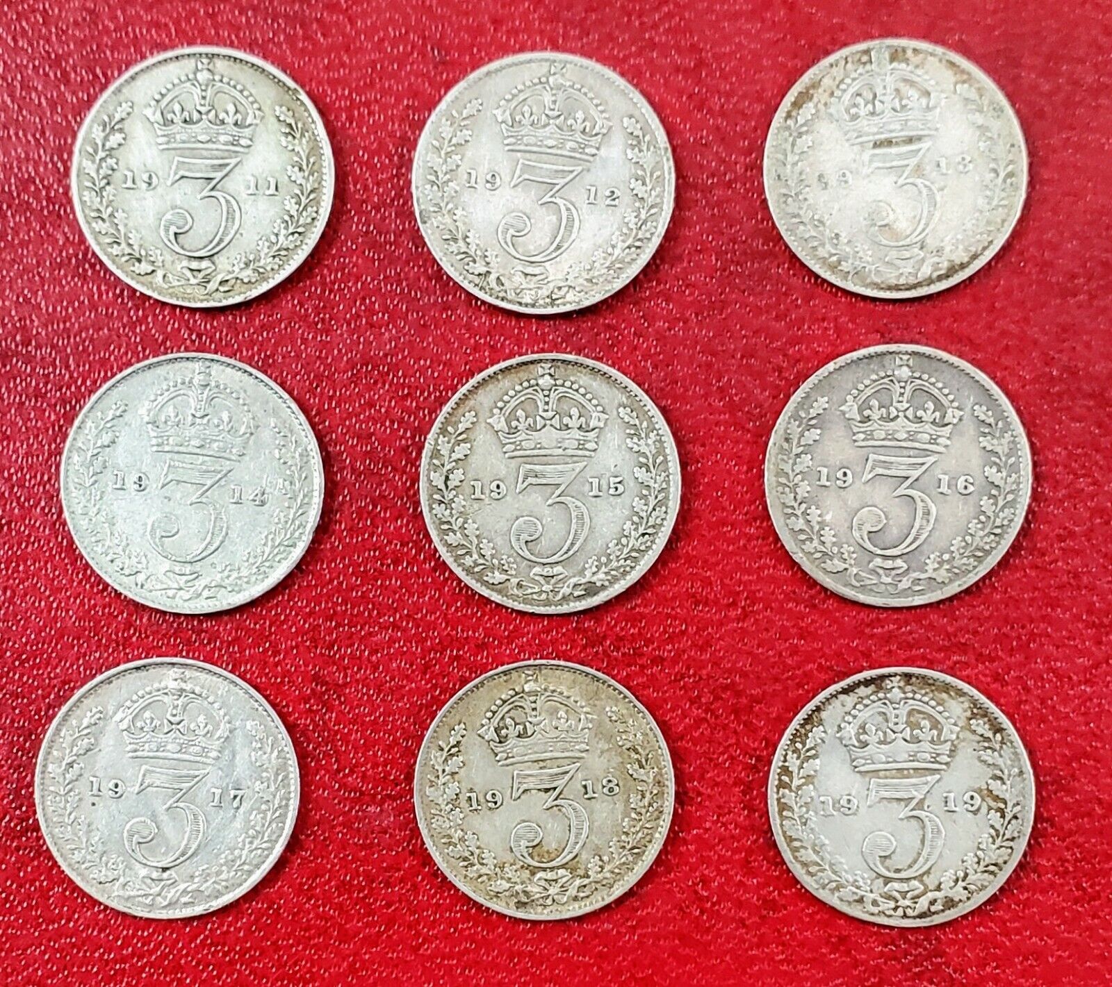 GREAT BRITAIN: SET OF 9 THREE PENCE COINS  1911 - 1919 RARE!!!