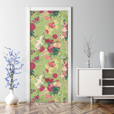 Oriental silk Bubble Free Door sticker pink and green Decal Decor large