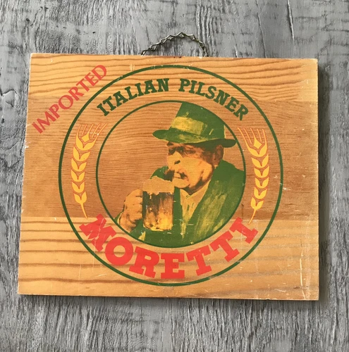 Vintage 1970s Wood Hanging Bar Man Cave Sign Moretti Italian Pilsner 12” X 10”