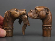 2 Bronze Statue Dogs Dog Preying Bird Cane Walking Stick Head Handle Accessories