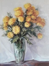 Original Oil Painting Yellow Chrysanthemums In Glass Vase Still Life Artwork