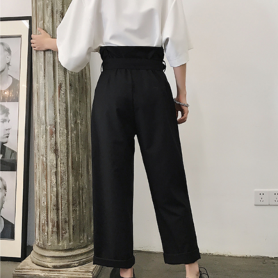 Men High Waist Straight Wide Leg Pants Pleated Belted Loose