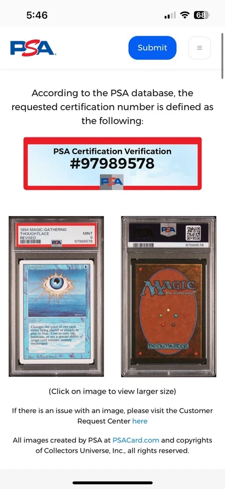 THOUGHTLACE Revised Edition 1994 Magic The Gathering (MTG) PSA 9 MINT 🔥Rare🔥 - Image 3 of 4