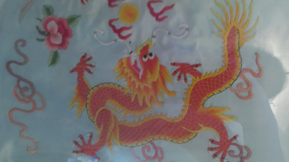 "Antiguo textil asiático bordado de seda - enmarcado profesionalmente 22"" - vibrante" Foto 4 de 4