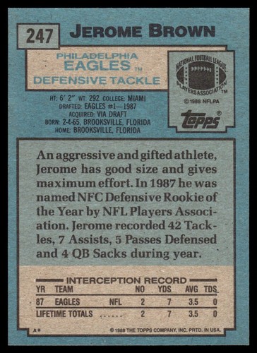 Topps Jerome Brown Rookie 1988 #247 - Imagen 2 de 2