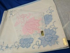 2 PCS VINTAGE LINEN HANDKERCHIEFS HANKIES PINK  BLUE APPLIQUE EMBROIDERED NOS
