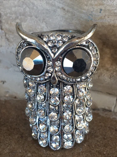 Vintage Women’s Metal Silver Crystals Rhinestones Owl Black Eyes Double Ring 2”