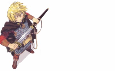 Anime fantasy men sword blonde simple background white CCG Gaming Mat Desk