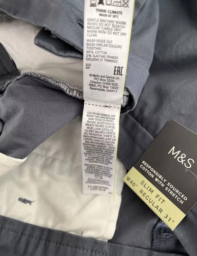 PANTALONE CHINO UOMO MARKS & SPENCER BLU SLIM FIT VITA 40” GAMBA 31” NUOVO CON ETICHETTE - Foto 9 di 9