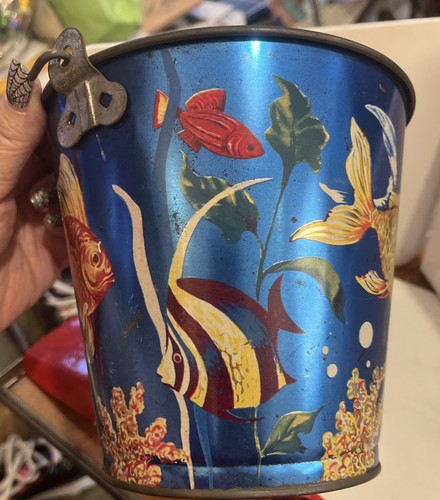 VINTAGE J CHEIN TIN Metallic LITHO SAND PAIL With Fish Under Sea & Shovel, Rare - Picture 7 of 13