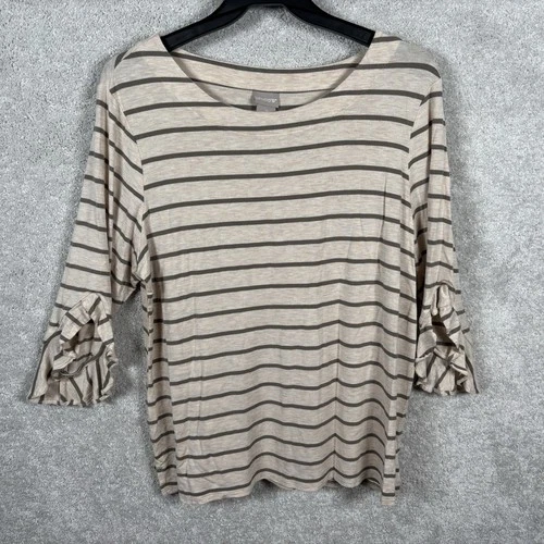 Chicos Khaki Olive Green Striped Shirt Top Blouse Pullover Tunic Boat Neck M L 2