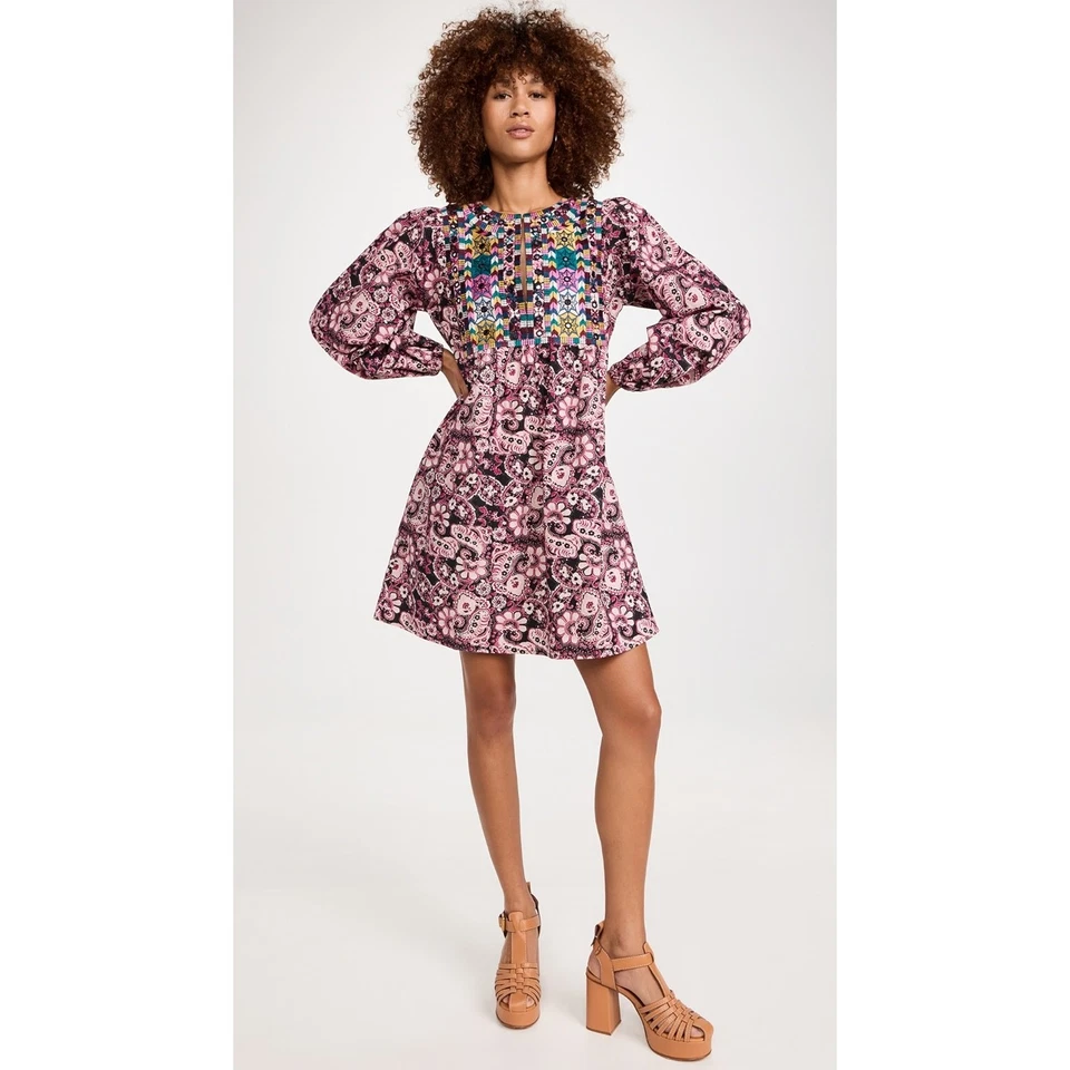 Mini Vestido FIGUE Lucie Batik Adornado Manga Larga Abullonada Bordado Algodón M Foto 3 de 4