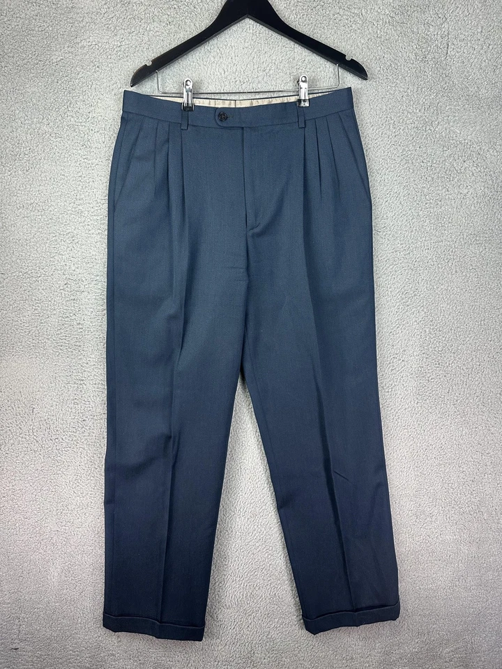 Pantalones de vestir Zanella para hombre 34 azules de lana plisados con puños forrados clásicos para hombre Foto 2 de 4