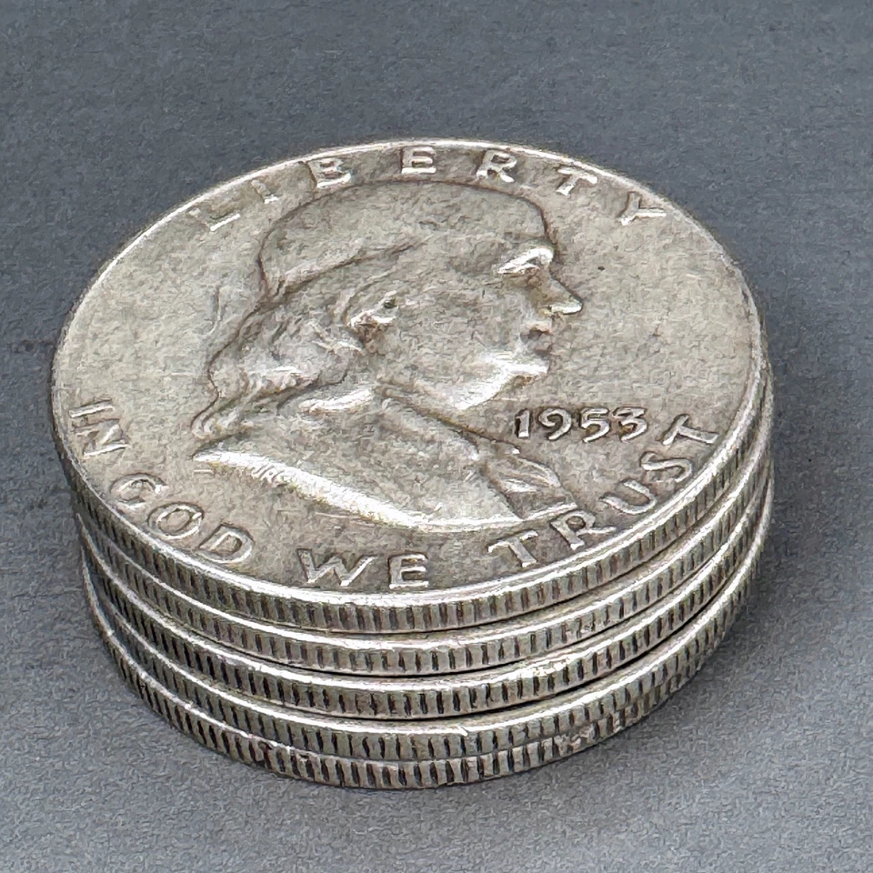 [Lot of 5] 1953 Franklin Half Dollar Coins - 90% Silver - Circulated US Coins - Image 2 of 4