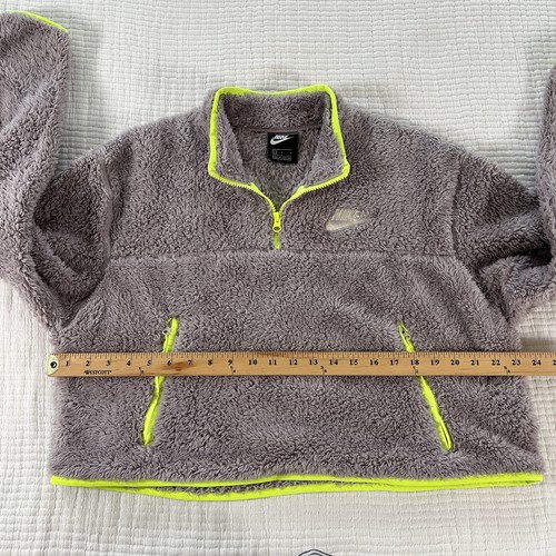 Nike Sweater Womens Large Gray Neon Cropped Sherpa Fleece 1/4 Zip Athleisure - Picture 3 of 12