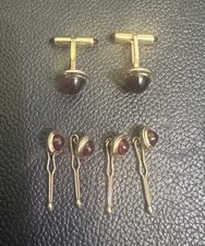 Krementz Art Deco Vintage Gold Plate Red Cufflinks Tuxedo Shirt Studs Full Set