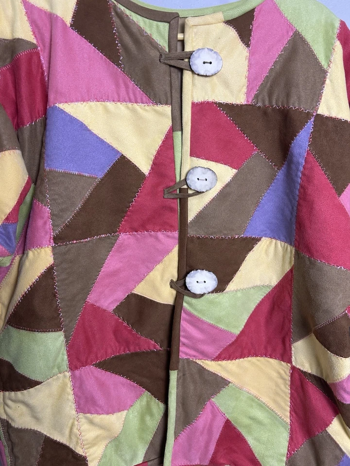 Abrigo chaqueta de gamuza vintage de retazos hechos a mano para mujer XL. Bloque de color boho artístico Foto 3 de 4